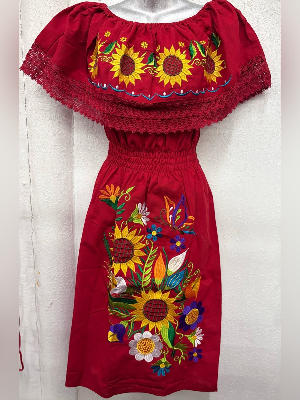Mexican Dress/ Vestido Mexicano Red Off-Shoulder Embroidered Sunflower Dress